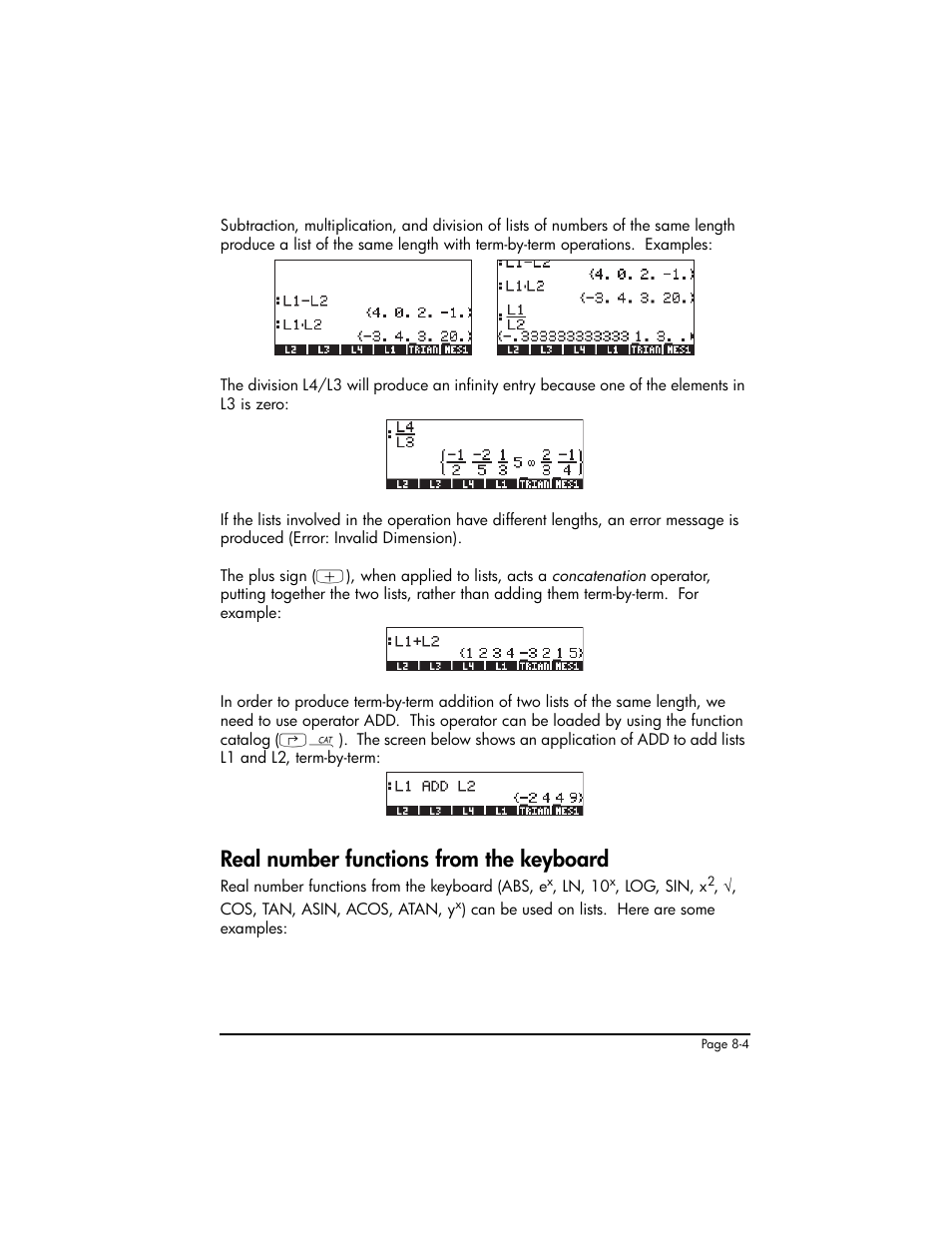 Real number functions from the keyboard, Real number functions from the keyboard ,8-4 | HP 50g Graphing Calculator User Manual | Page 261 / 887