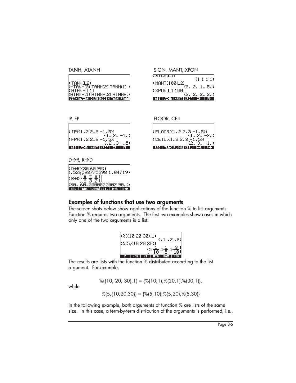 Examples of functions that use two arguments, Examples of functions that use two arguments ,8-6 | HP 50g Graphing Calculator User Manual | Page 263 / 887