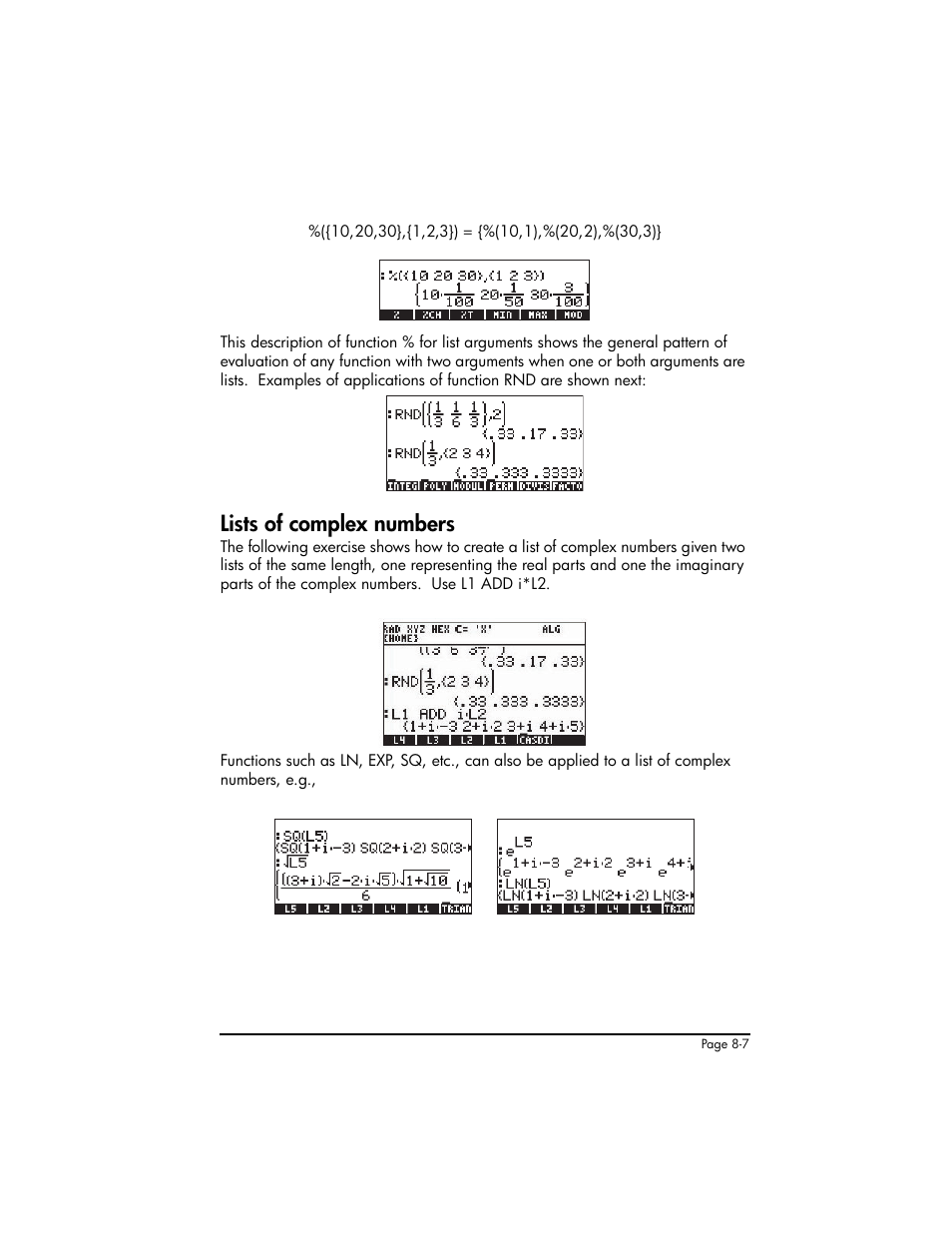 Lists of complex numbers, Lists of complex numbers ,8-7 | HP 50g Graphing Calculator User Manual | Page 264 / 887