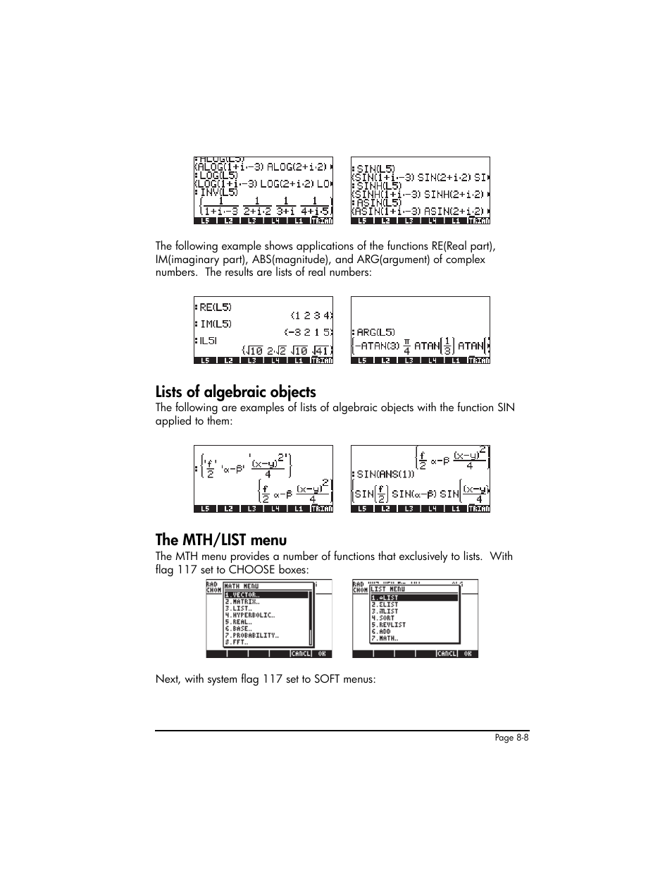 Lists of algebraic objects, The mth/list menu | HP 50g Graphing Calculator User Manual | Page 265 / 887