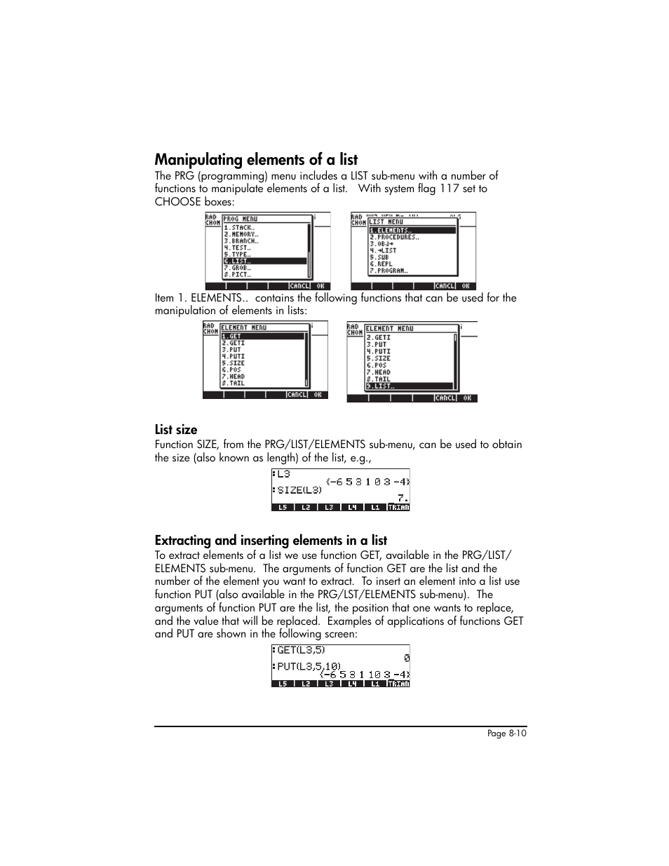 Manipulating elements of a list, List size, Extracting and inserting elements in a list | Manipulating elements of a list ,8-10 | HP 50g Graphing Calculator User Manual | Page 267 / 887
