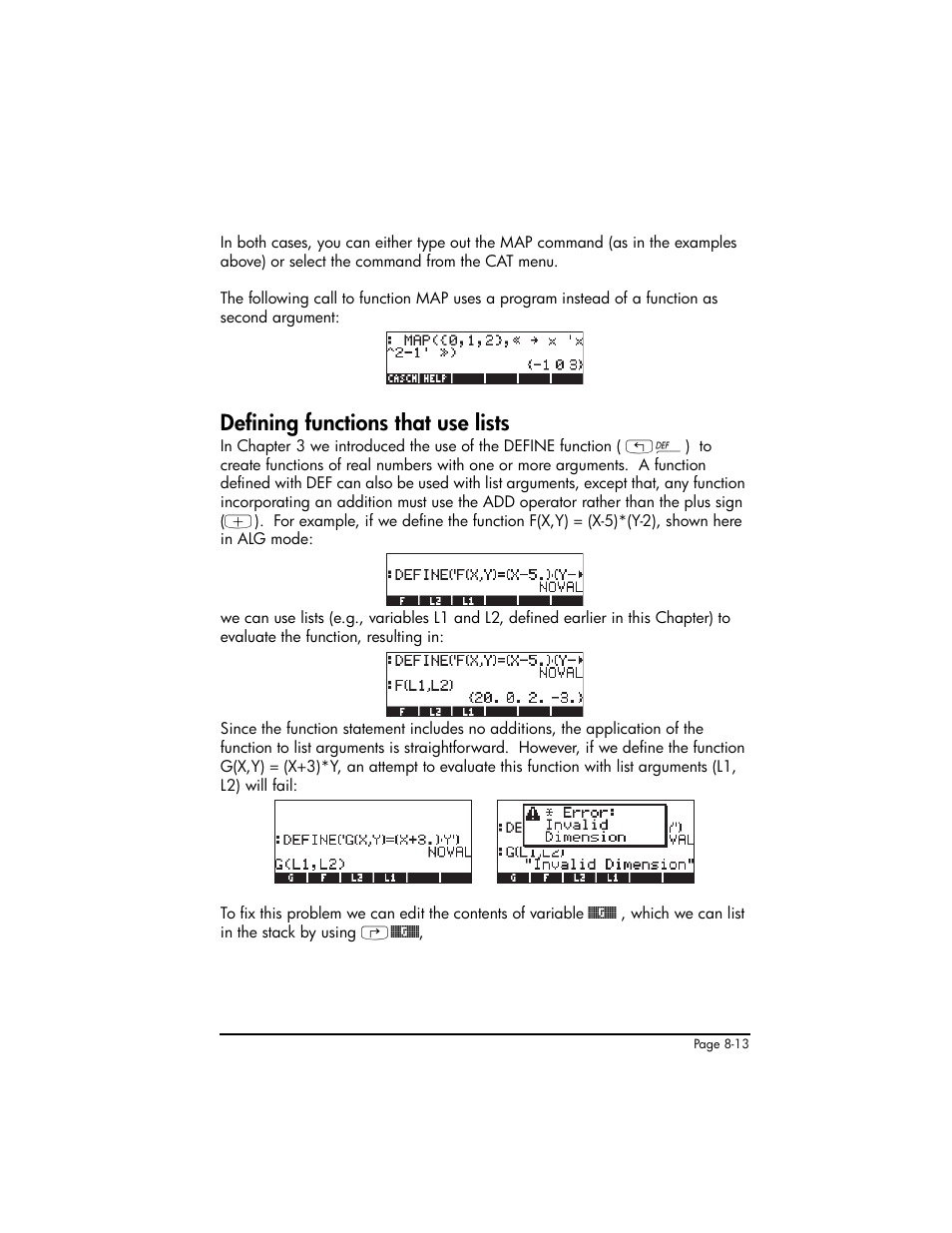 Defining functions that use lists, Defining functions that use lists ,8-13 | HP 50g Graphing Calculator User Manual | Page 270 / 887