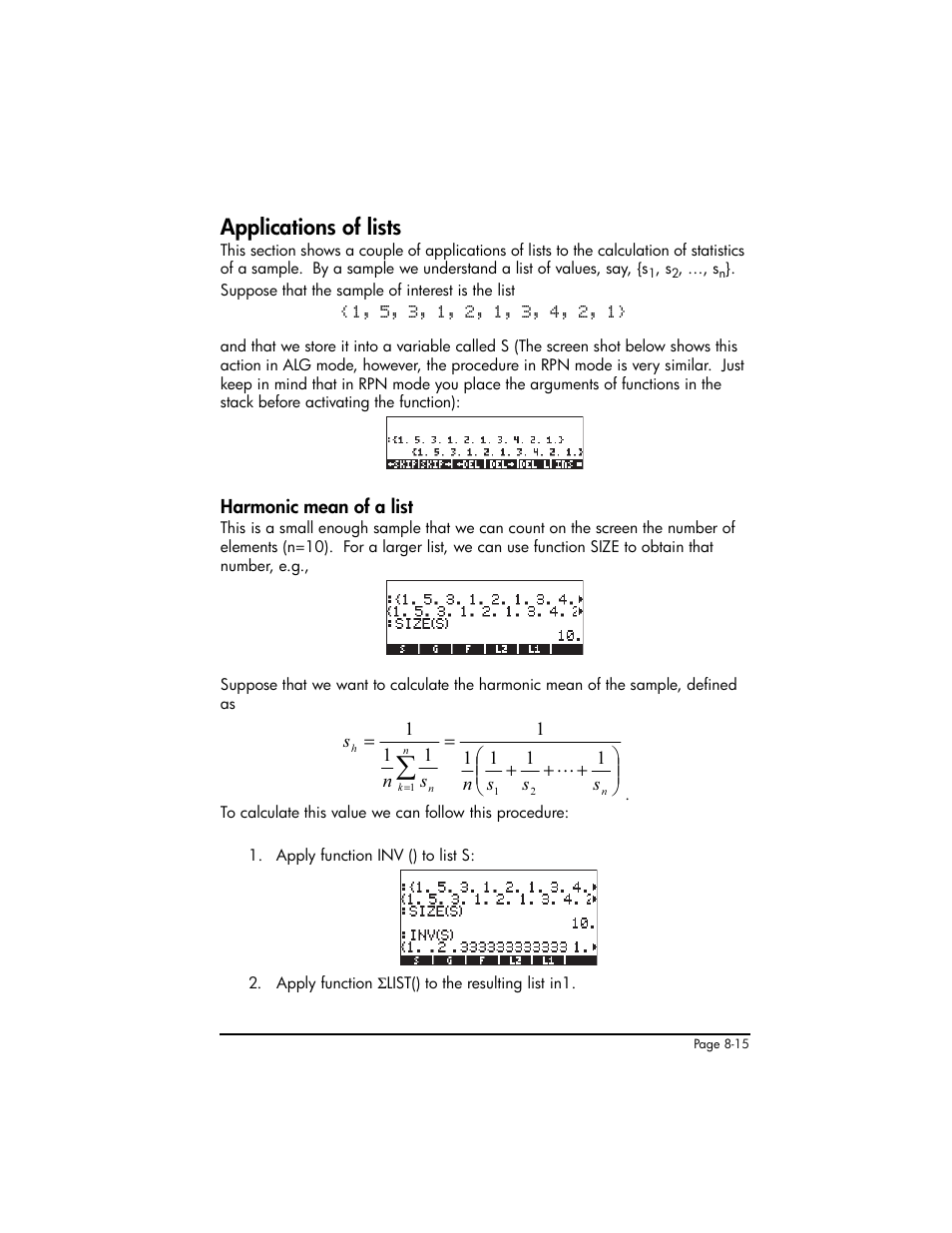 Applications of lists, Harmonic mean of a list, Applications of lists ,8-15 | Harmonic mean of a list ,8-15 | HP 50g Graphing Calculator User Manual | Page 272 / 887