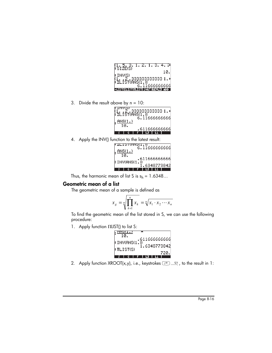 Geometric mean of a list, Geometric mean of a list ,8-16 | HP 50g Graphing Calculator User Manual | Page 273 / 887
