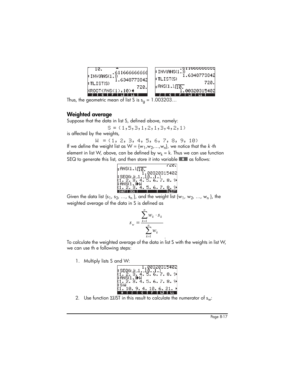 Weighted average, Weighted average ,8-17, Ws w s | HP 50g Graphing Calculator User Manual | Page 274 / 887