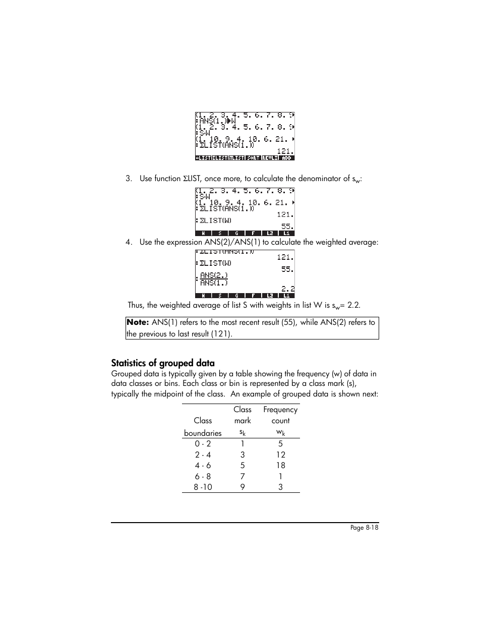 Statistics of grouped data, Statistics of grouped data ,8-18 | HP 50g Graphing Calculator User Manual | Page 275 / 887
