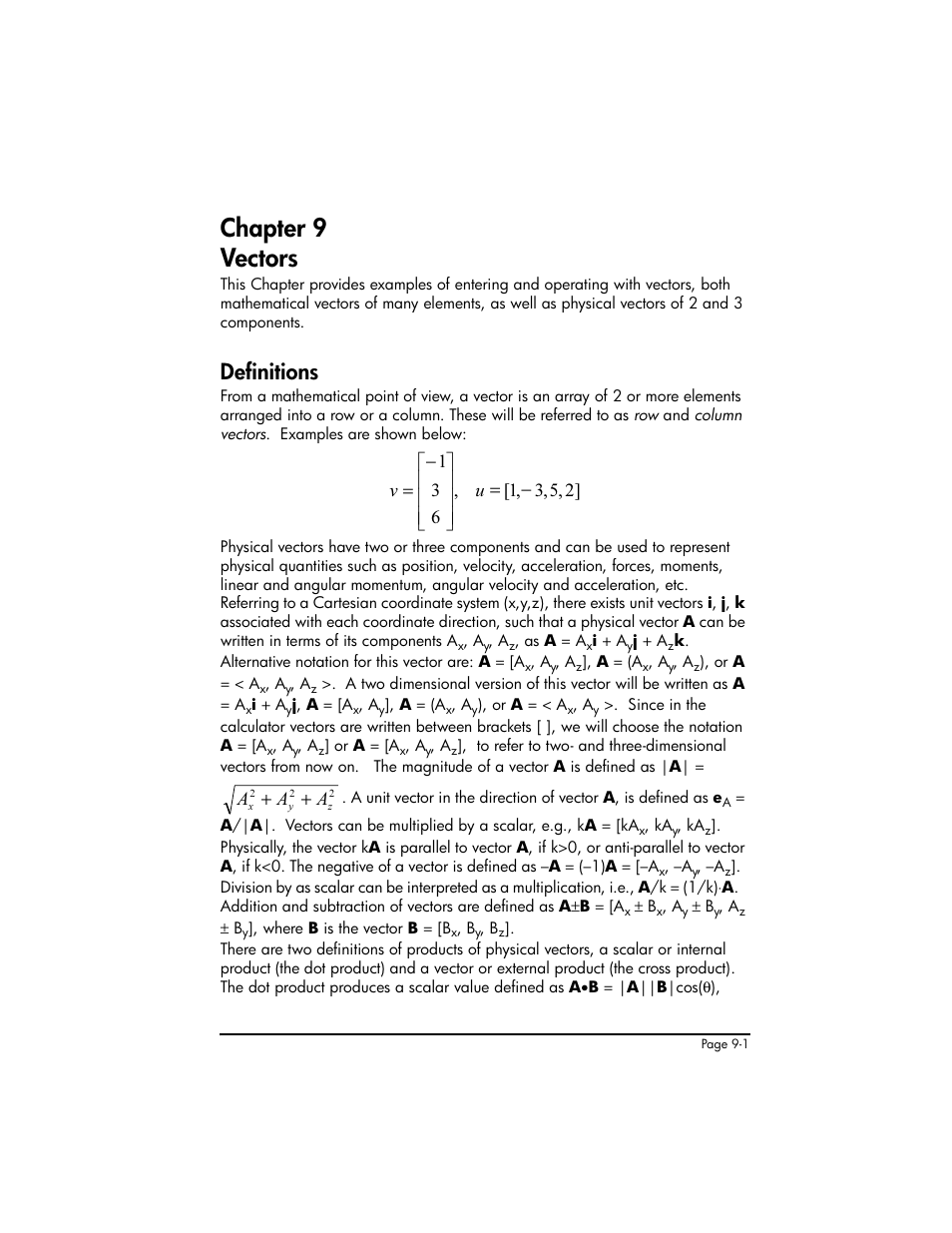 Chapter 9 vectors, Definitions, Chapter 9 - vectors ,9-1 | Definitions ,9-1 | HP 50g Graphing Calculator User Manual | Page 278 / 887