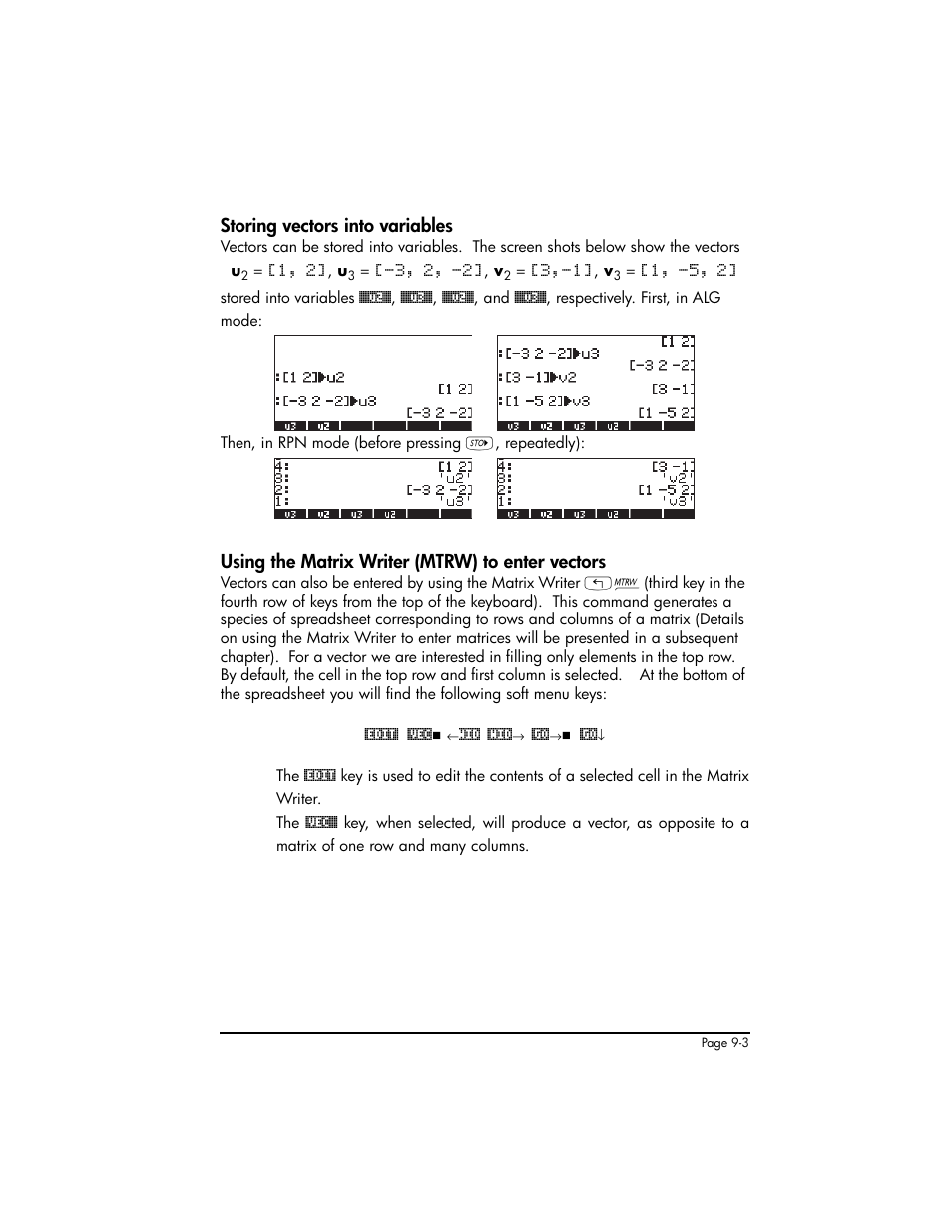 Storing vectors into variables, Using the matrix writer (mtrw) to enter vectors | HP 50g Graphing Calculator User Manual | Page 280 / 887