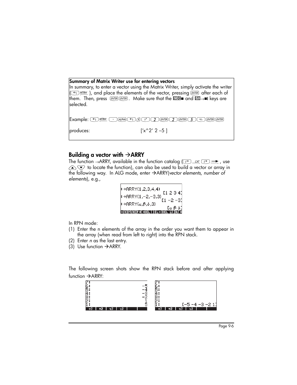 Building a vector with ‡arry, Building a vector with arry ,9-6 | HP 50g Graphing Calculator User Manual | Page 283 / 887