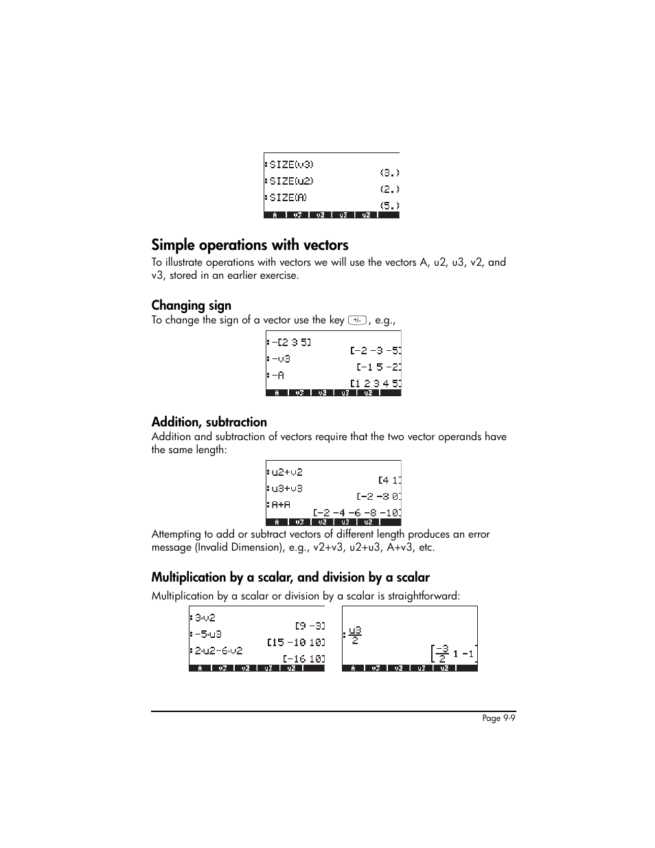 Simple operations with vectors, Changing sign, Addition, subtraction | Simple operations with vectors ,9-9 | HP 50g Graphing Calculator User Manual | Page 286 / 887