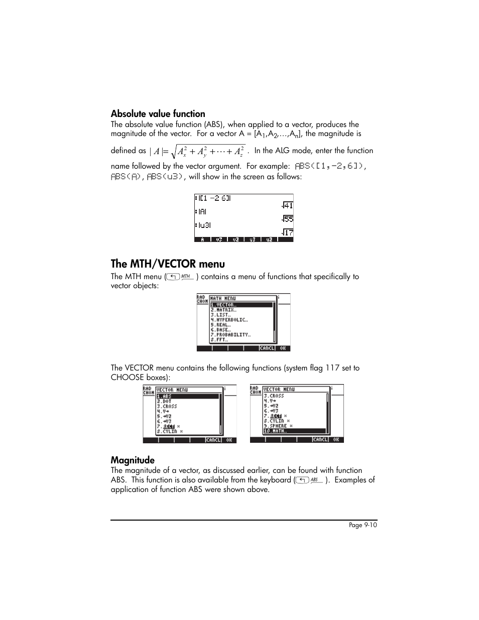 Absolute value function, The mth/vector menu, Magnitude | Absolute value function ,9-10, The mth/vector menu ,9-10, Magnitude ,9-10 | HP 50g Graphing Calculator User Manual | Page 287 / 887