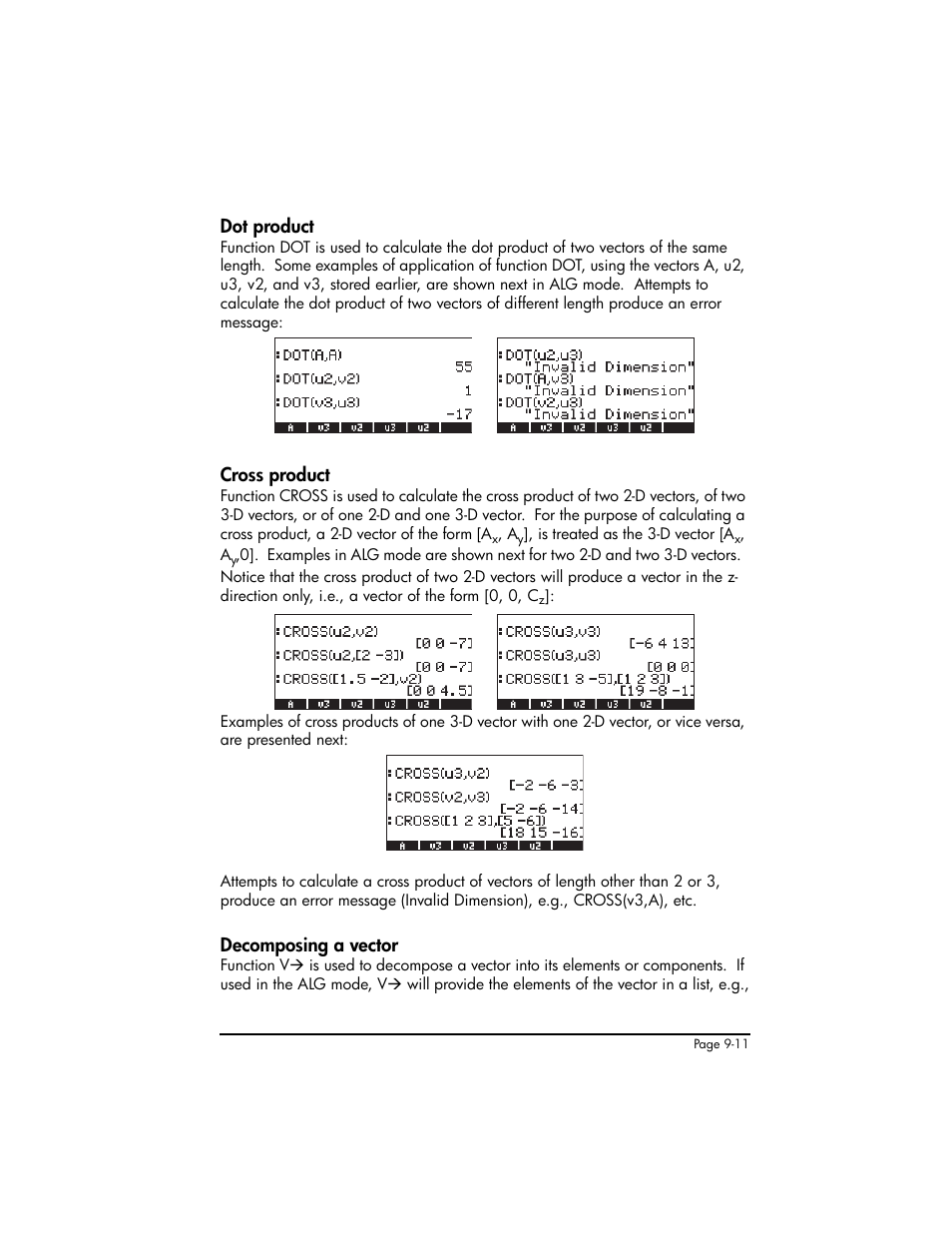 Dot product, Cross product, Decomposing a vector | HP 50g Graphing Calculator User Manual | Page 288 / 887