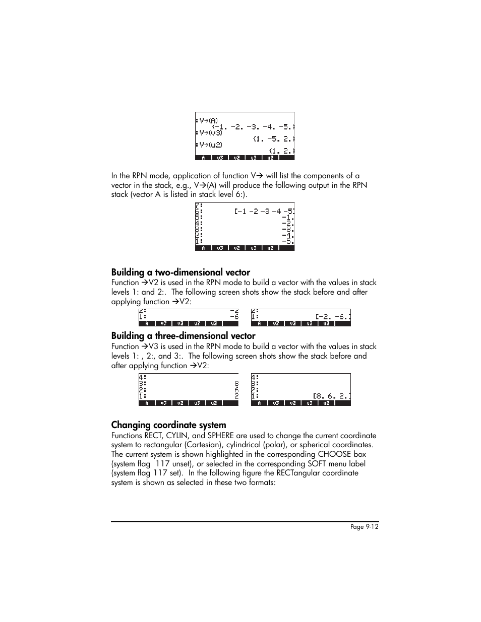 Building a two-dimensional vector, Building a three-dimensional vector, Changing coordinate system | Changing coordinate system ,9-12 | HP 50g Graphing Calculator User Manual | Page 289 / 887