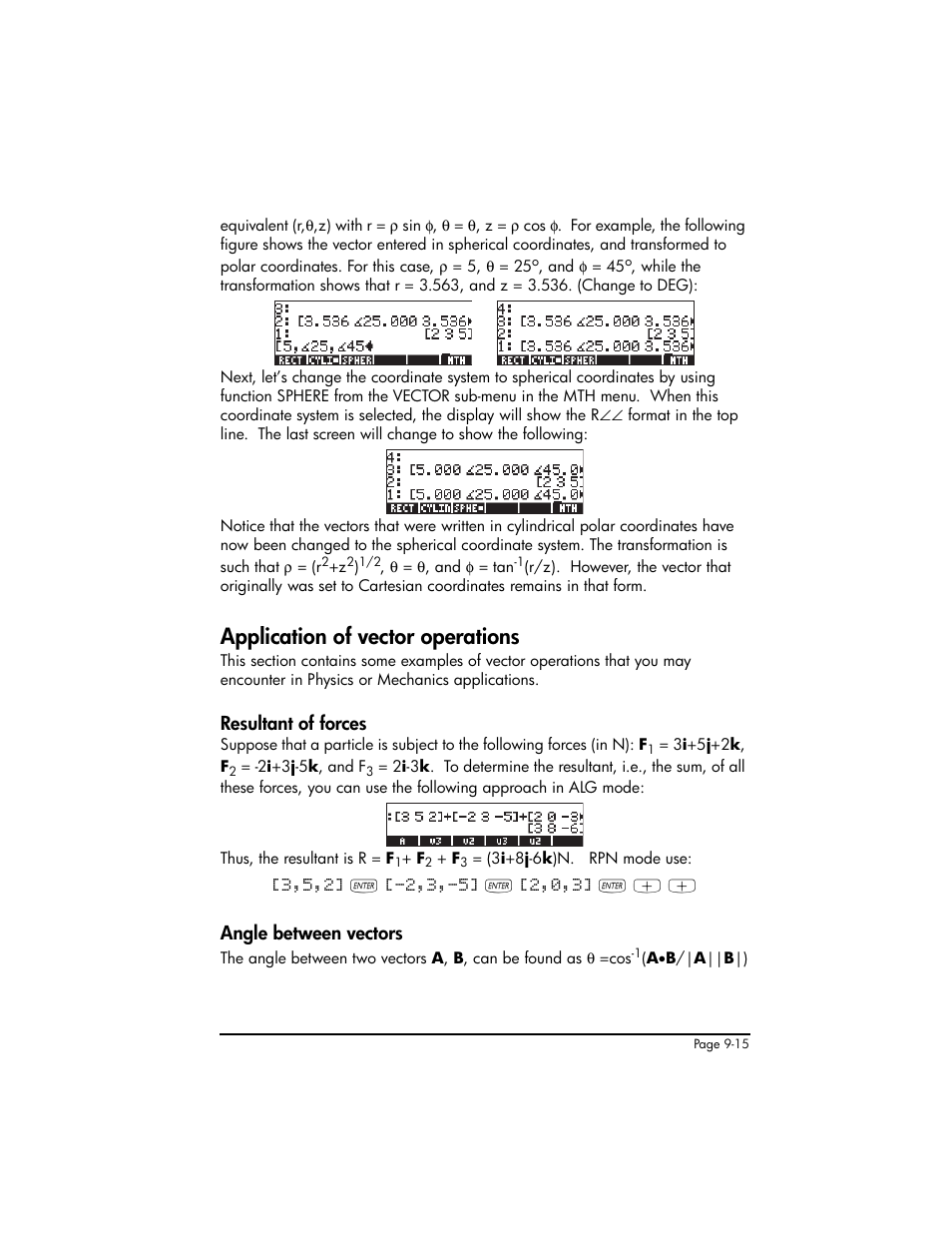Application of vector operations, Resultant of forces, Angle between vectors | Application of vector operations ,9-15 | HP 50g Graphing Calculator User Manual | Page 292 / 887