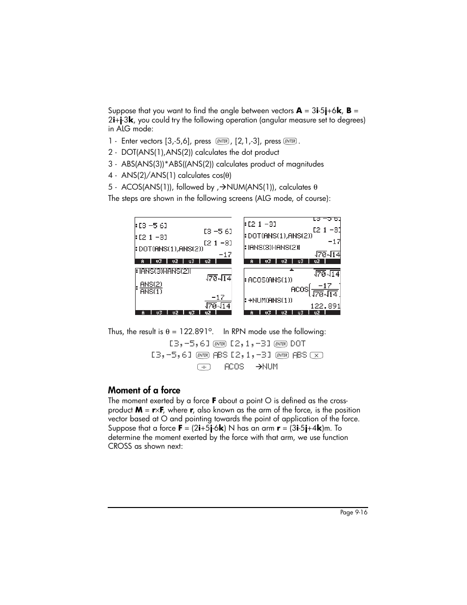 Moment of a force, Moment of a force ,9-16 | HP 50g Graphing Calculator User Manual | Page 293 / 887