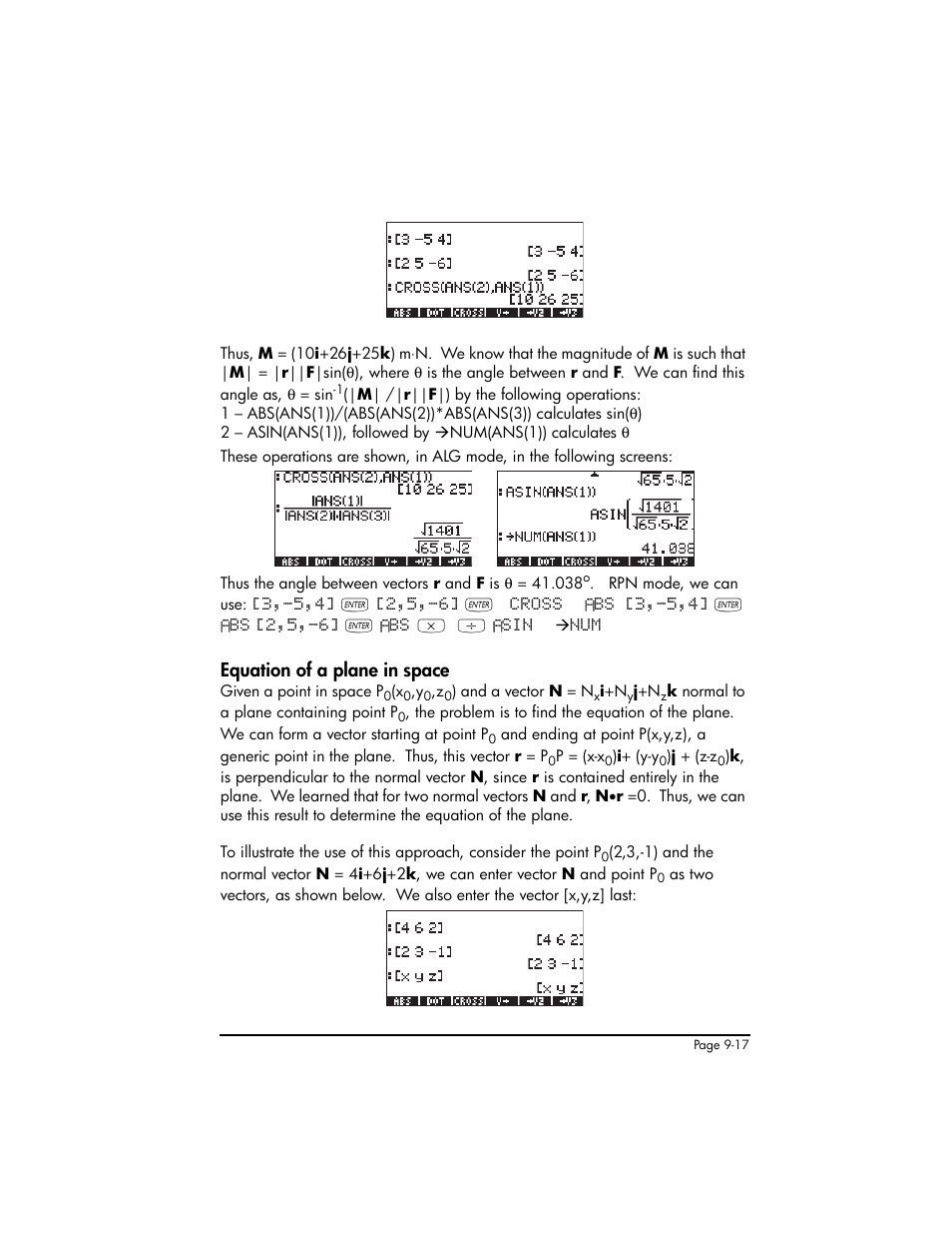 Equation of a plane in space, Equation of a plane in space ,9-17 | HP 50g Graphing Calculator User Manual | Page 294 / 887
