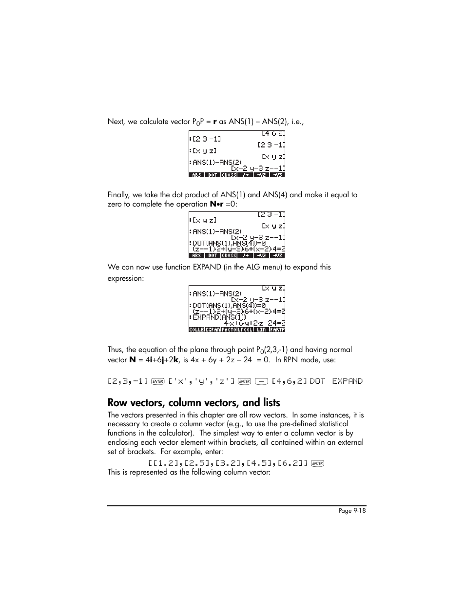 Row vectors, column vectors, and lists, Row vectors, column vectors, and lists ,9-18 | HP 50g Graphing Calculator User Manual | Page 295 / 887