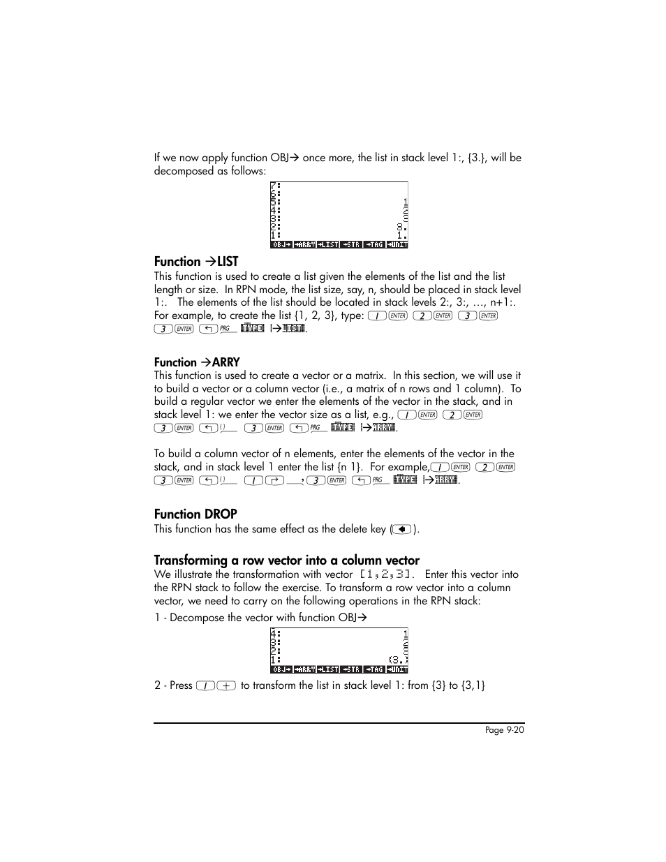 Function ‡list, Function drop, Transforming a row vector into a column vector | HP 50g Graphing Calculator User Manual | Page 297 / 887