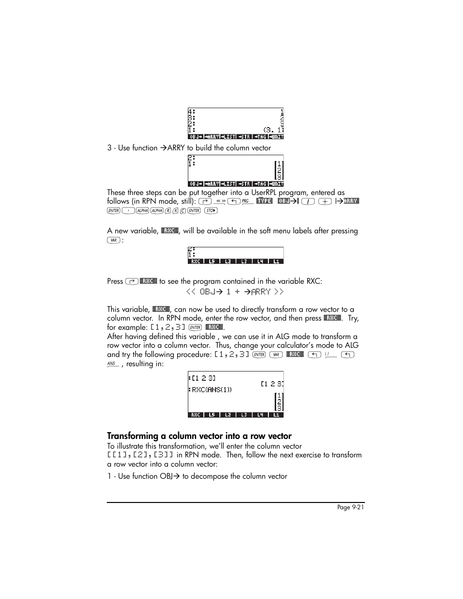 Transforming a column vector into a row vector | HP 50g Graphing Calculator User Manual | Page 298 / 887