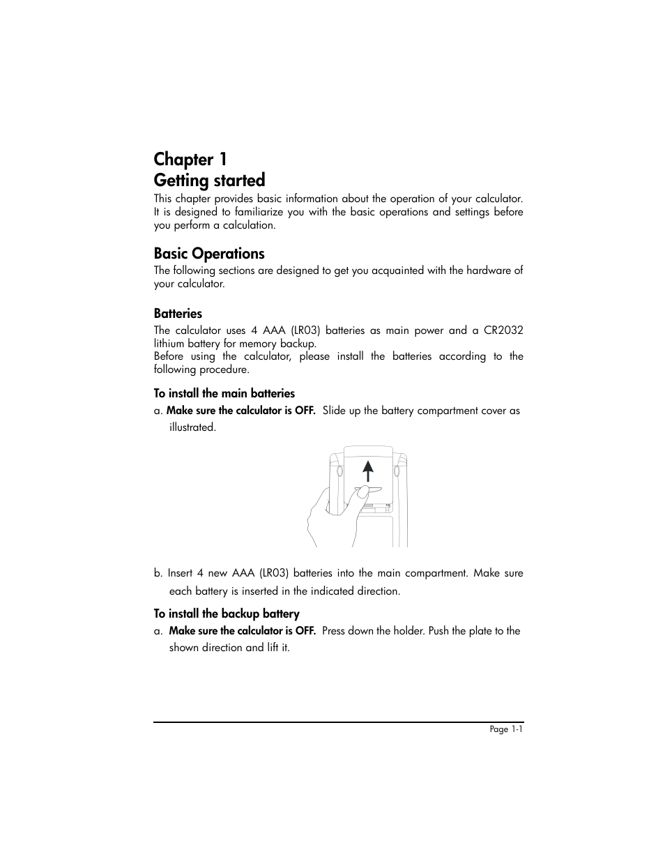 Chapter 1 getting started, Basic operations, Batteries | Chapter 1 - getting started ,1-1, Basic operations ,1-1, Batteries ,1-1 | HP 50g Graphing Calculator User Manual | Page 30 / 887