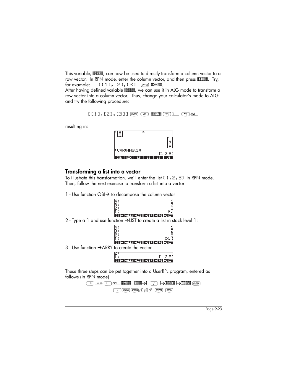 Transforming a list into a vector, Transforming a list into a vector ,9-23 | HP 50g Graphing Calculator User Manual | Page 300 / 887