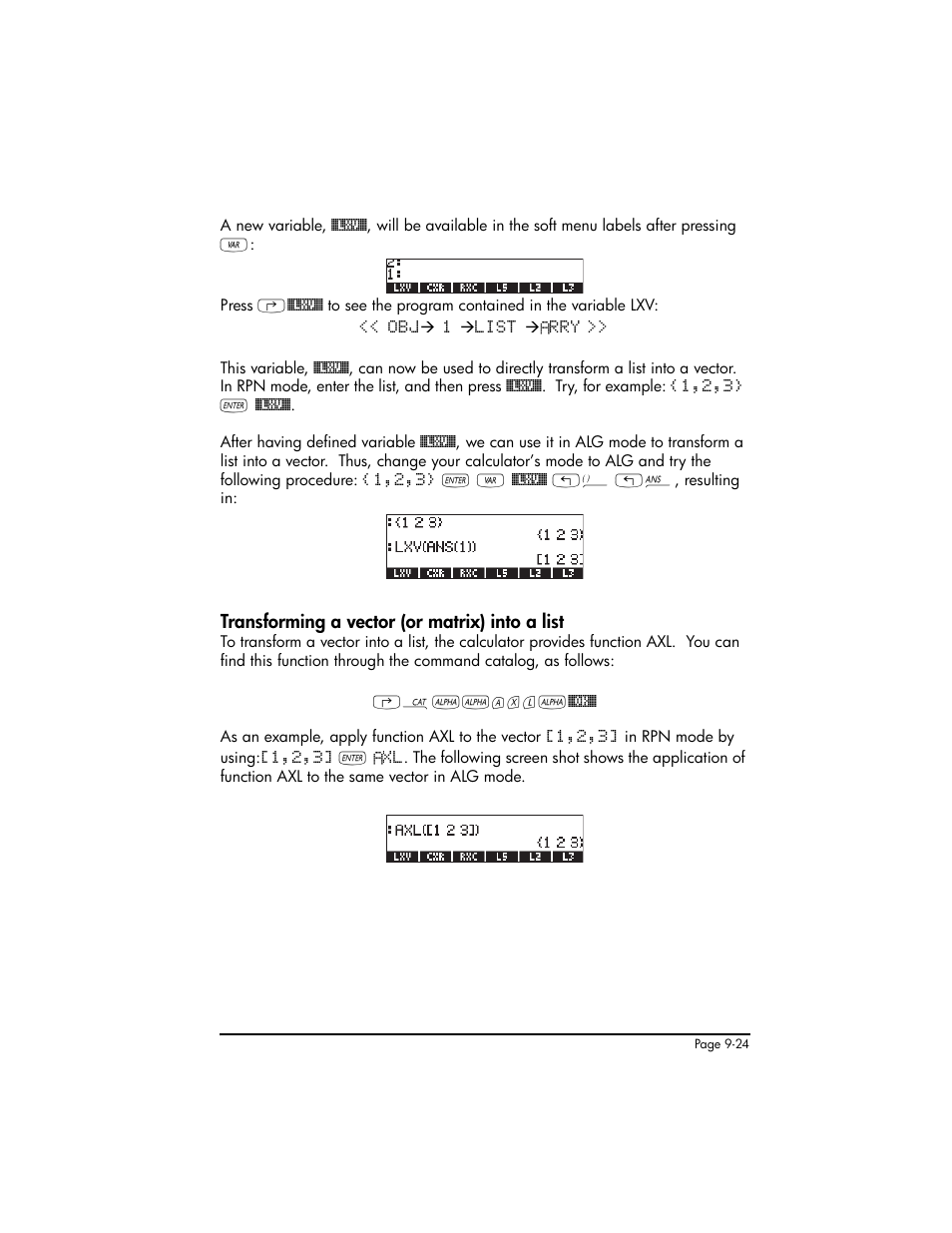 Transforming a vector (or matrix) into a list | HP 50g Graphing Calculator User Manual | Page 301 / 887