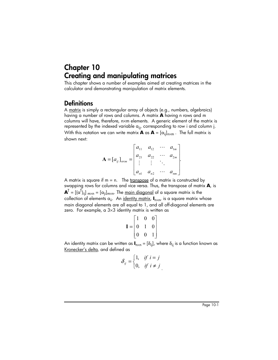 Chapter 10 creating and manipulating matrices, Definitions, Chapter 10 | Creating and manipulating matrices ,10-1, Definitions ,10-1, Chapter 10 ! creating and manipulating matrices | HP 50g Graphing Calculator User Manual | Page 302 / 887