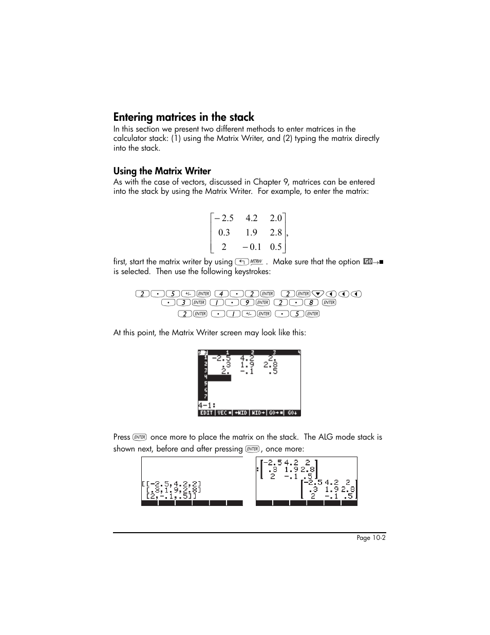 Entering matrices in the stack, Using the matrix writer, Entering matrices in the stack ,10-2 | Using the matrix writer ,10-2 | HP 50g Graphing Calculator User Manual | Page 303 / 887