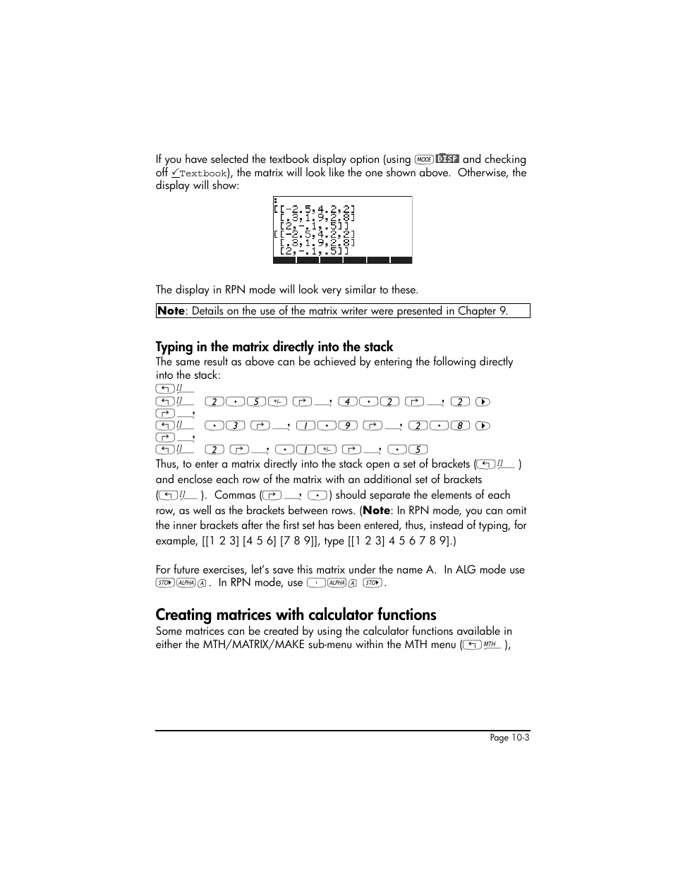Typing in the matrix directly into the stack, Creating matrices with calculator functions, Typing in the matrix directly into the stack ,10-3 | Creating matrices with calculator functions ,10-3 | HP 50g Graphing Calculator User Manual | Page 304 / 887