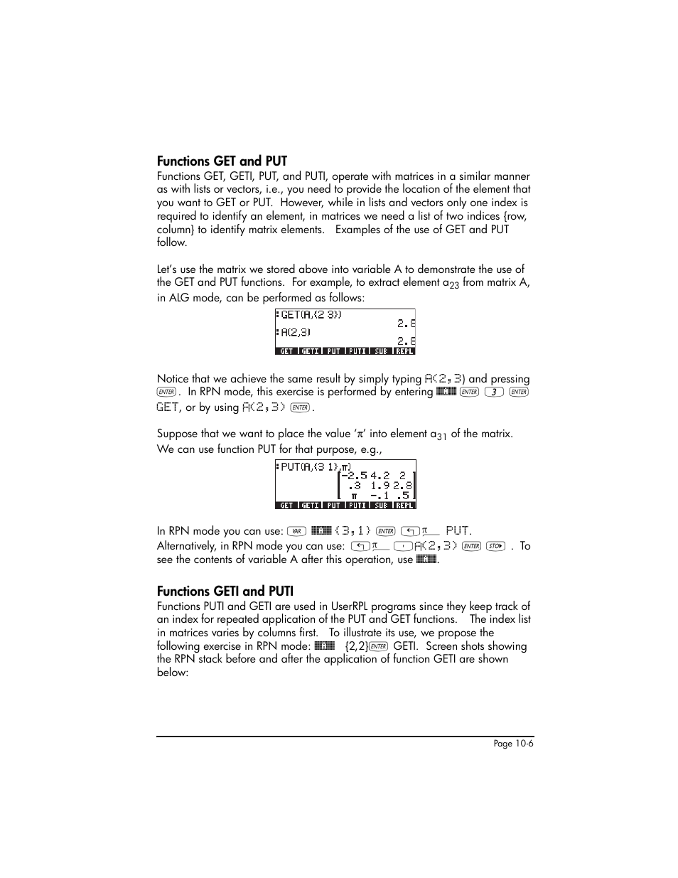 Functions get and put, Functions geti and puti | HP 50g Graphing Calculator User Manual | Page 307 / 887