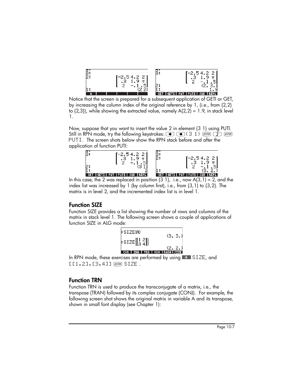Function size, Function trn, Function size ,10-7 function trn ,10-7 | HP 50g Graphing Calculator User Manual | Page 308 / 887