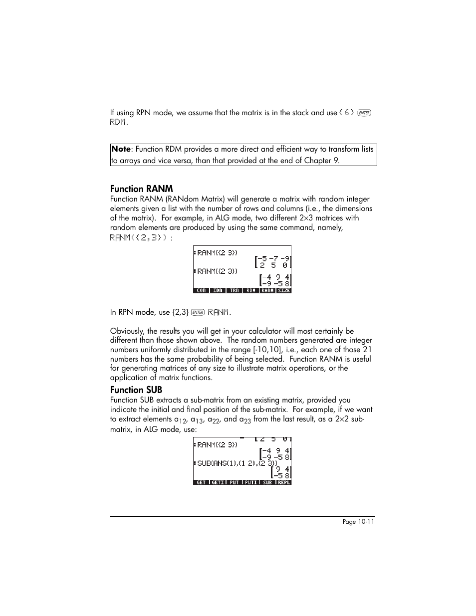 Function ranm, Function sub, Function ranm ,10-11 function sub ,10-11 | HP 50g Graphing Calculator User Manual | Page 312 / 887