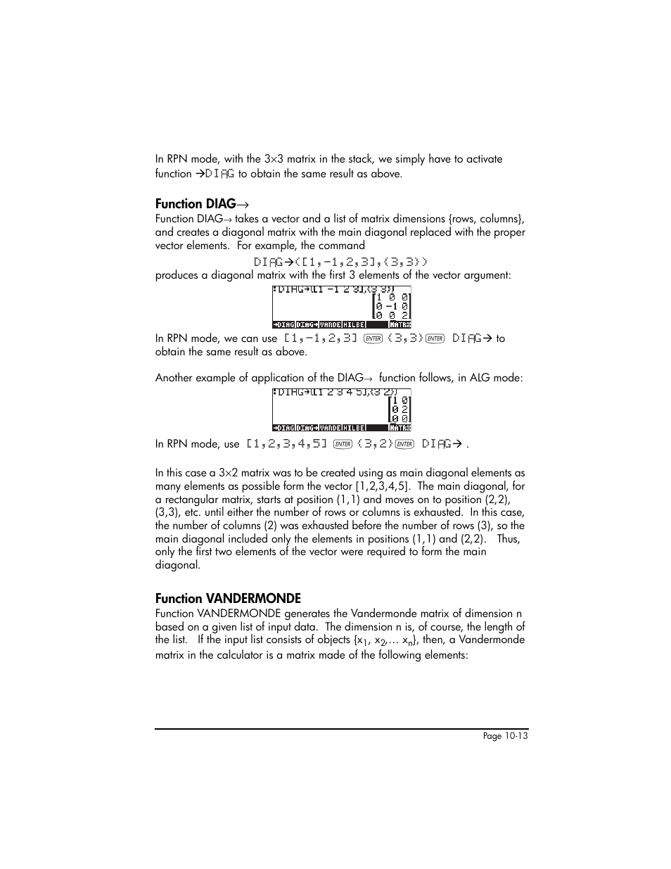 Function diagæ, Function vandermonde, Function diag ,10-13 | Function vandermonde ,10-13 | HP 50g Graphing Calculator User Manual | Page 314 / 887
