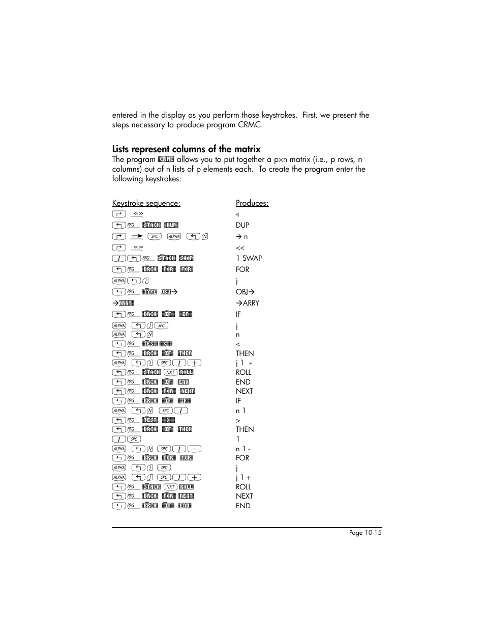 Lists represent columns of the matrix, Lists represent columns of the matrix ,10-15 | HP 50g Graphing Calculator User Manual | Page 316 / 887