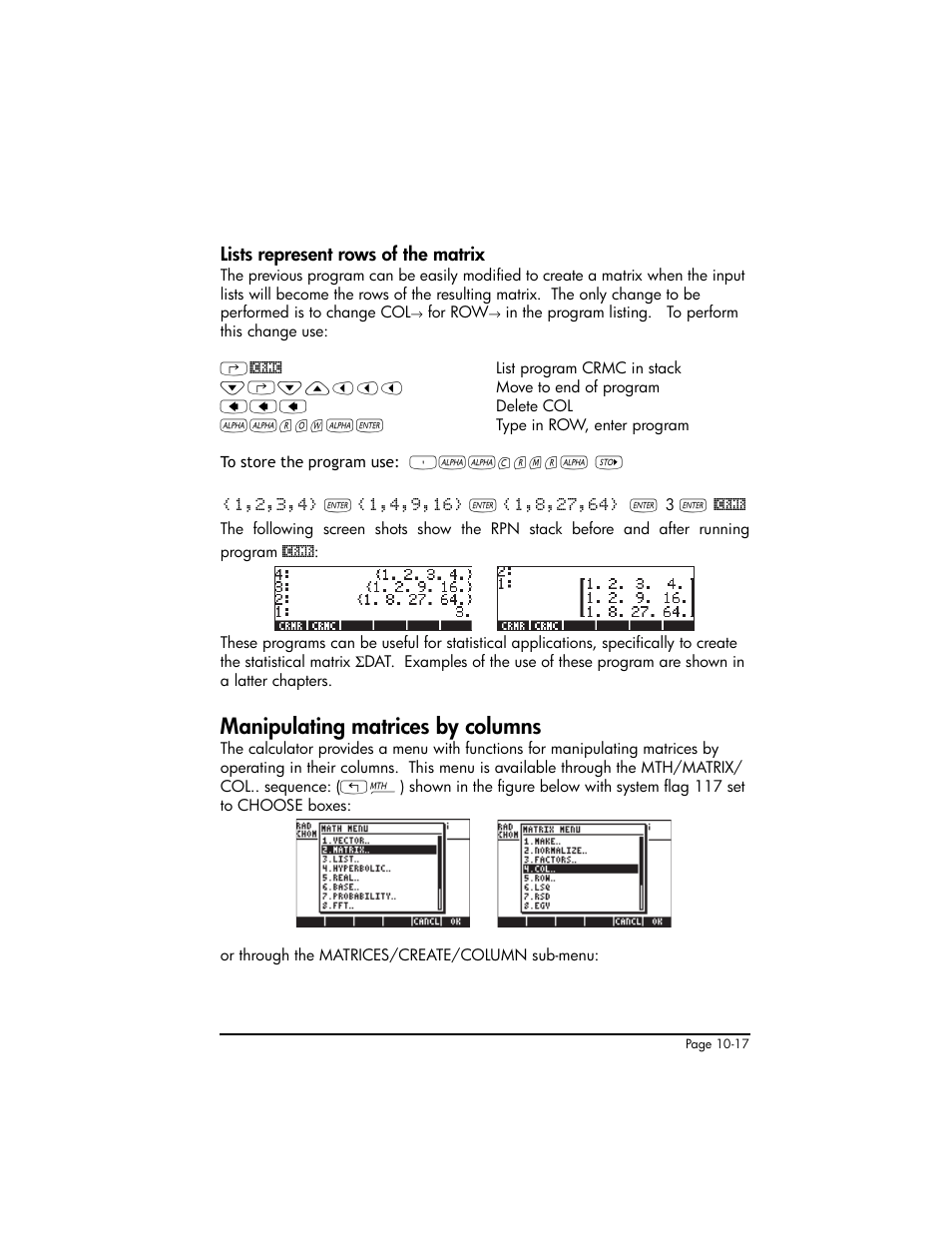 Lists represent rows of the matrix, Manipulating matrices by columns, Lists represent rows of the matrix ,10-17 | Manipulating matrices by columns ,10-17 | HP 50g Graphing Calculator User Manual | Page 318 / 887