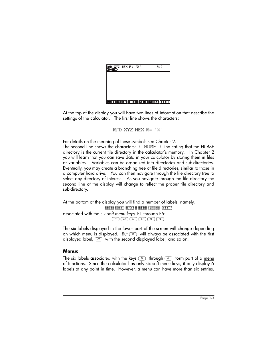 Menus, Menus ,1-3 | HP 50g Graphing Calculator User Manual | Page 32 / 887