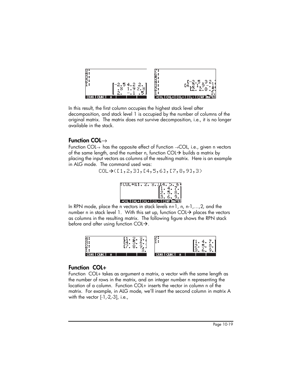 Function colæ, Function col, Function col ,10-19 function col+ ,10-19 | HP 50g Graphing Calculator User Manual | Page 320 / 887