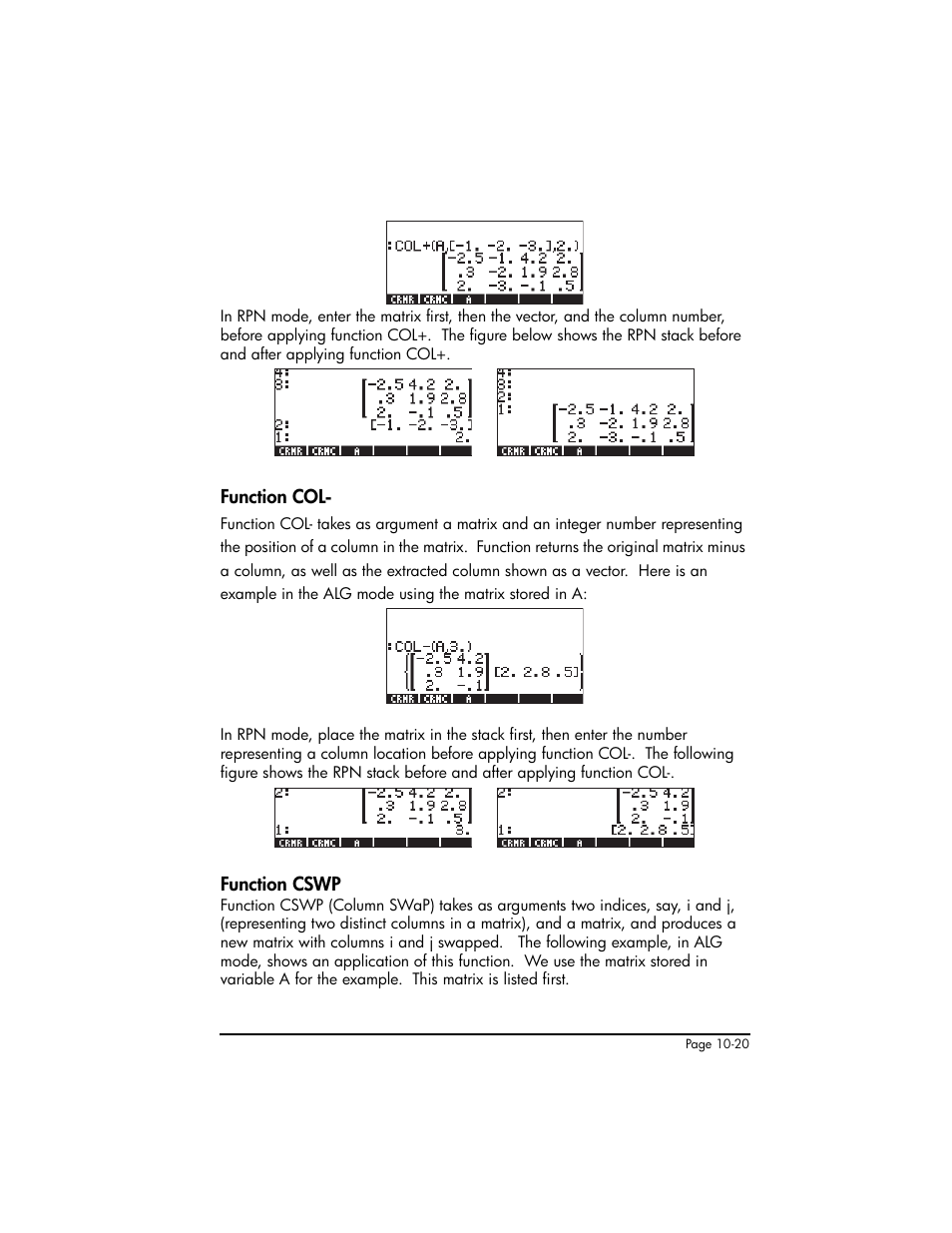 Function col, Function cswp, Function col- ,10-20 function cswp ,10-20 | HP 50g Graphing Calculator User Manual | Page 321 / 887