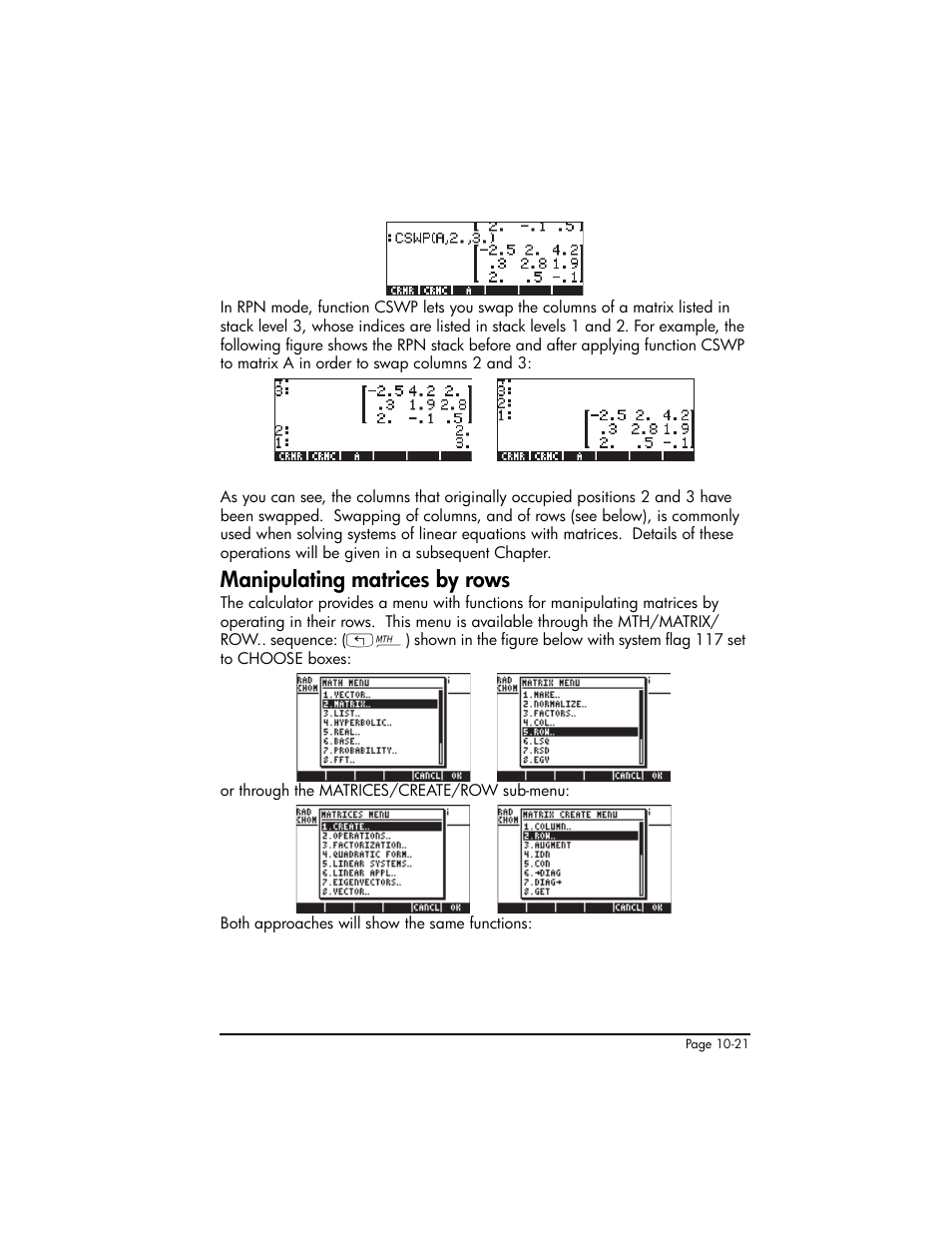 Manipulating matrices by rows, Manipulating matrices by rows ,10-21 | HP 50g Graphing Calculator User Manual | Page 322 / 887