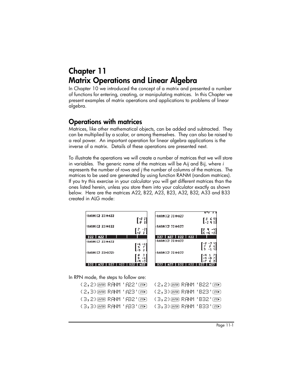 Chapter 11 matrix operations and linear algebra, Operations with matrices, Operations with matrices ,11-1 | HP 50g Graphing Calculator User Manual | Page 328 / 887