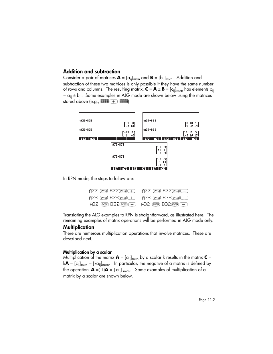 Addition and subtraction, Multiplication | HP 50g Graphing Calculator User Manual | Page 329 / 887