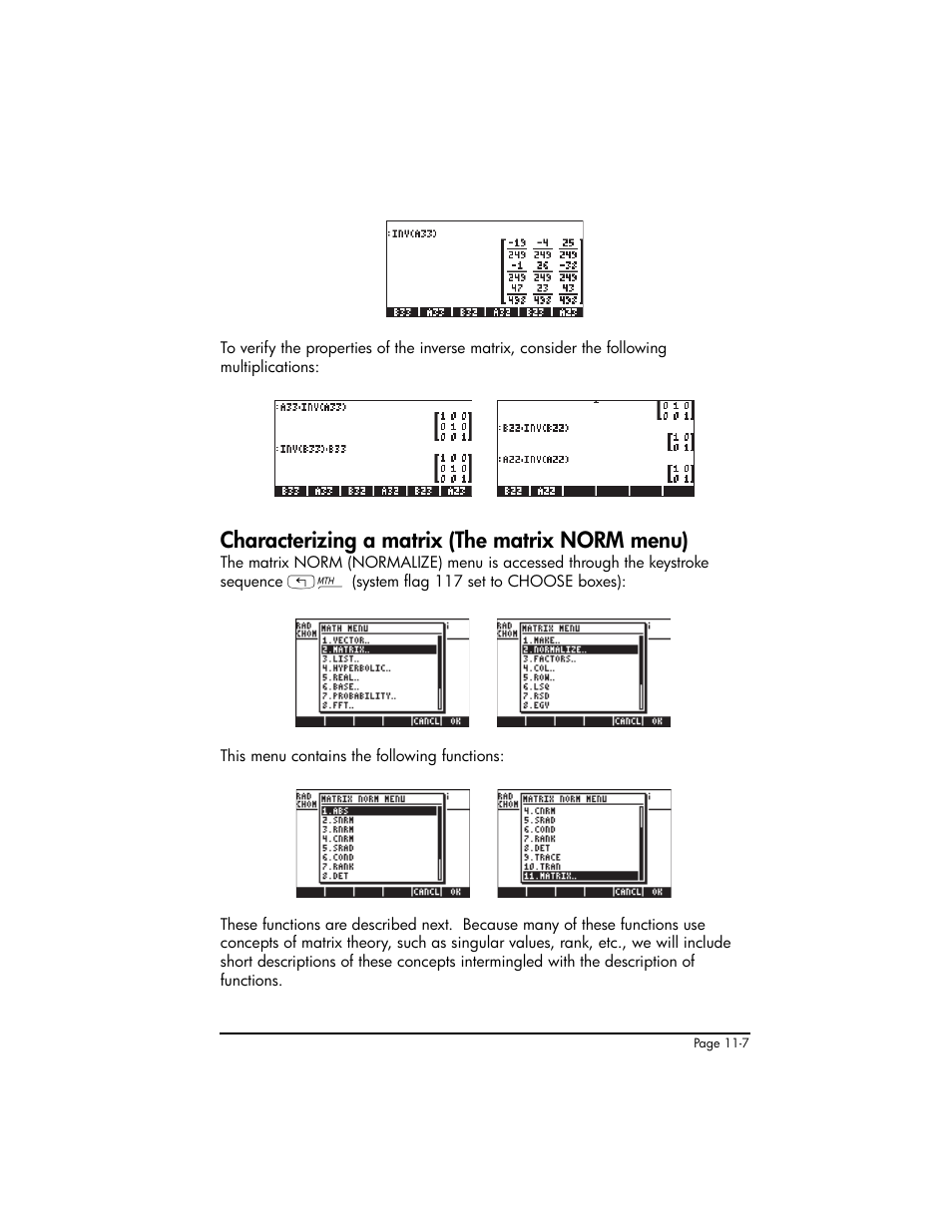 Characterizing a matrix (the matrix norm menu) | HP 50g Graphing Calculator User Manual | Page 334 / 887