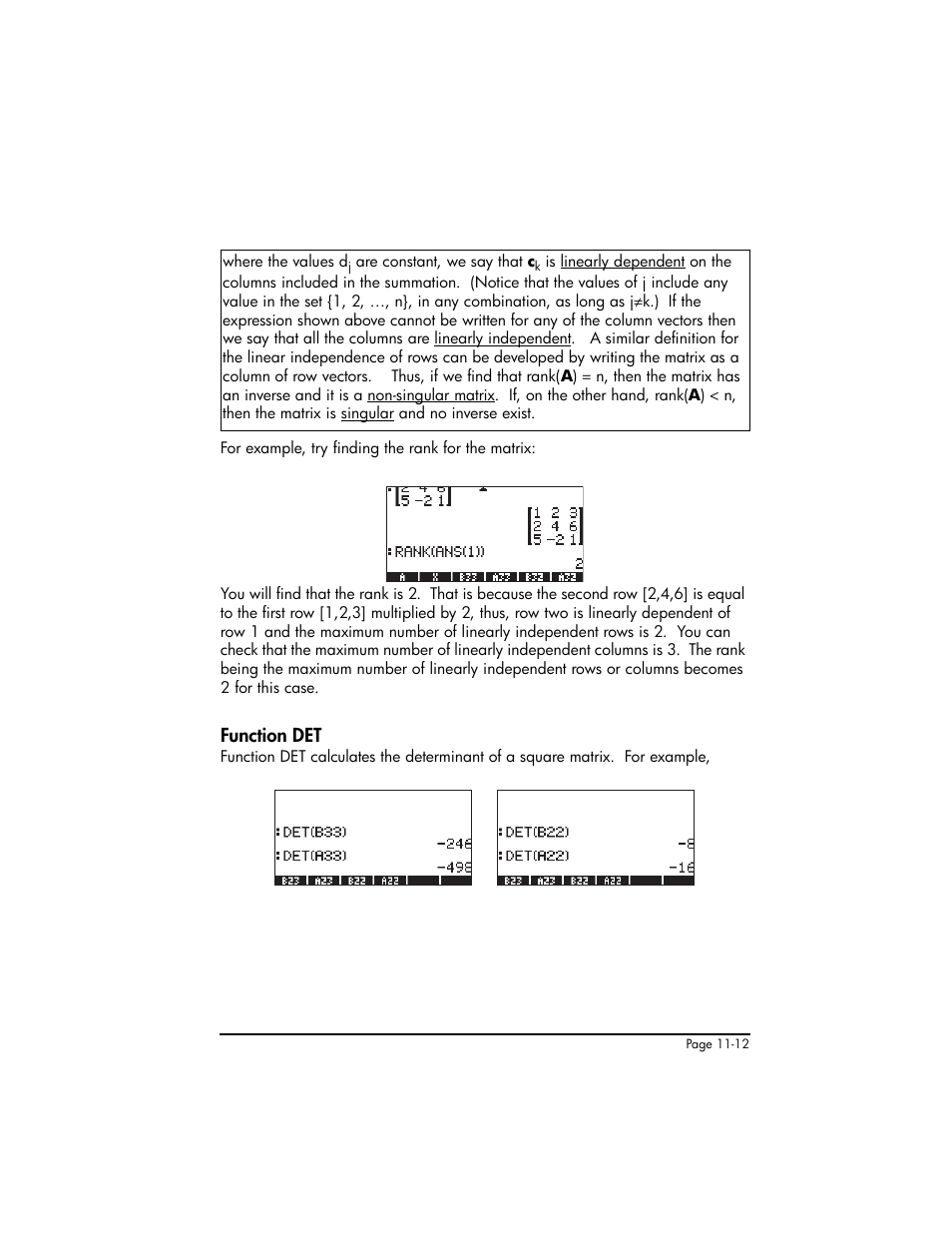 Function det, Function det ,11-12 | HP 50g Graphing Calculator User Manual | Page 339 / 887