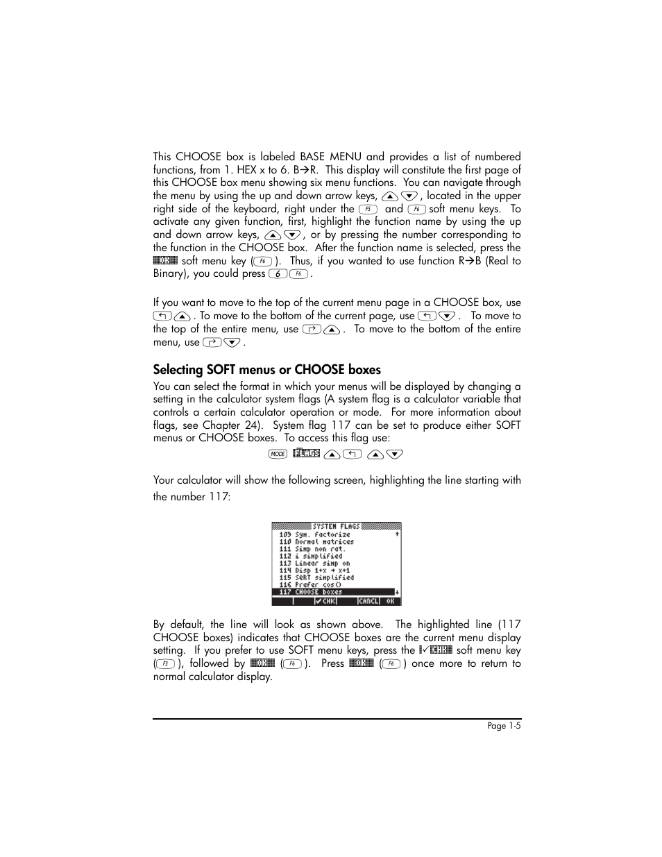 Selecting soft menus or choose boxes, Selecting soft menus or choose boxes ,1-5 | HP 50g Graphing Calculator User Manual | Page 34 / 887