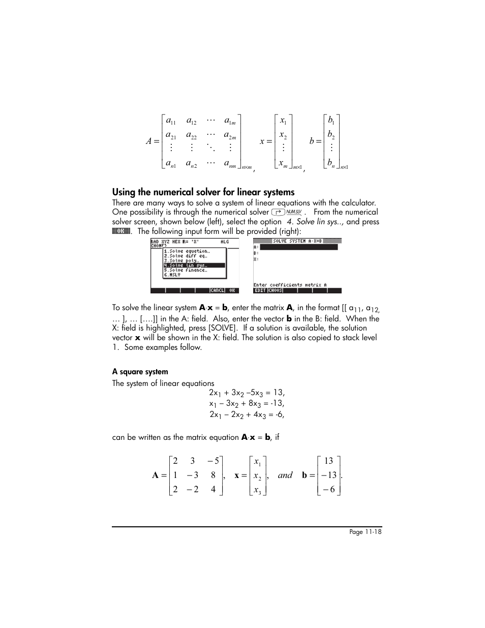 Using the numerical solver for linear systems | HP 50g Graphing Calculator User Manual | Page 345 / 887