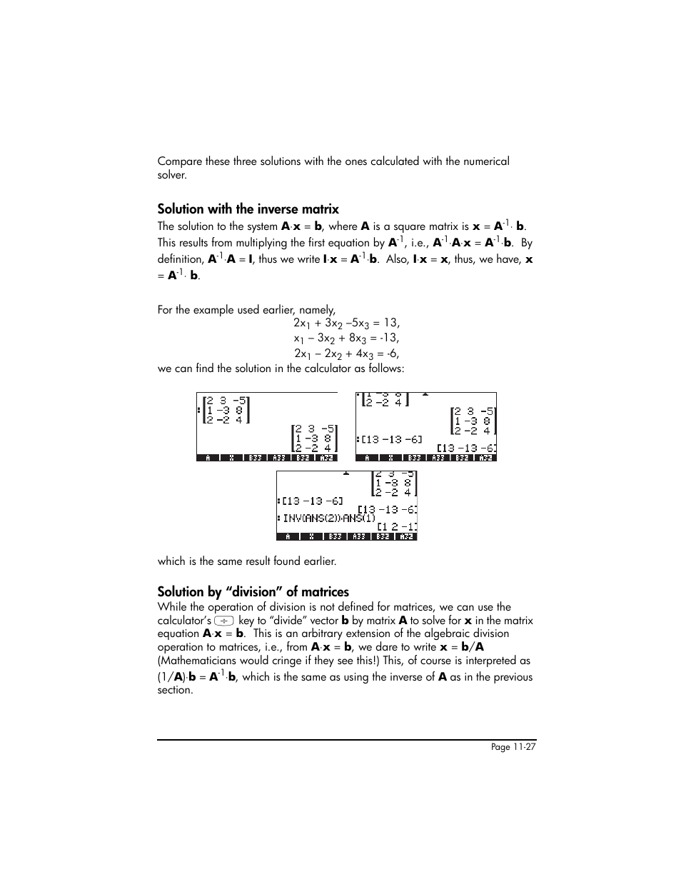 Solution with the inverse matrix, Solution by “division” of matrices | HP 50g Graphing Calculator User Manual | Page 354 / 887