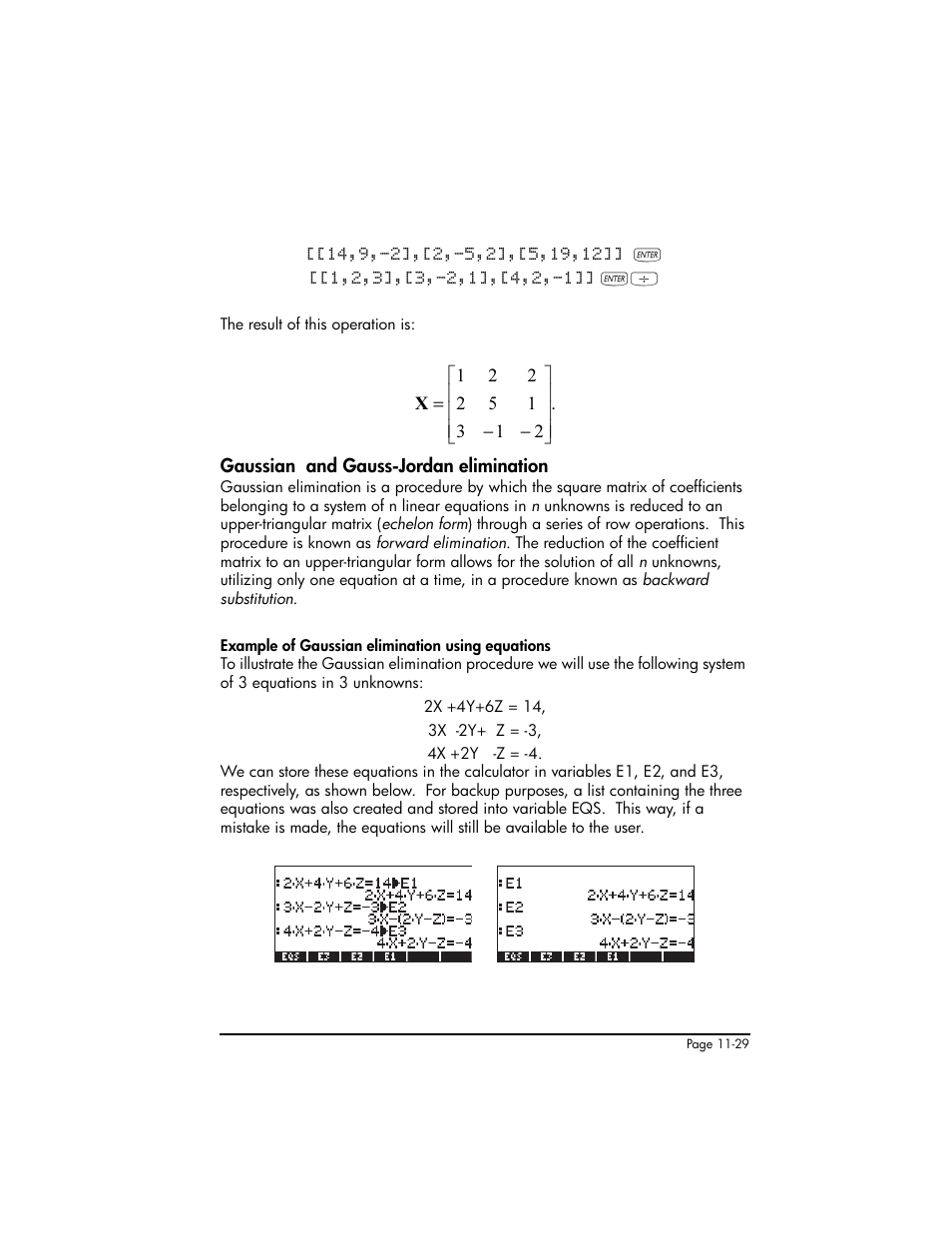 Gaussian and gauss-jordan elimination, Gaussian and gauss-jordan elimination ,11-29 | HP 50g Graphing Calculator User Manual | Page 356 / 887