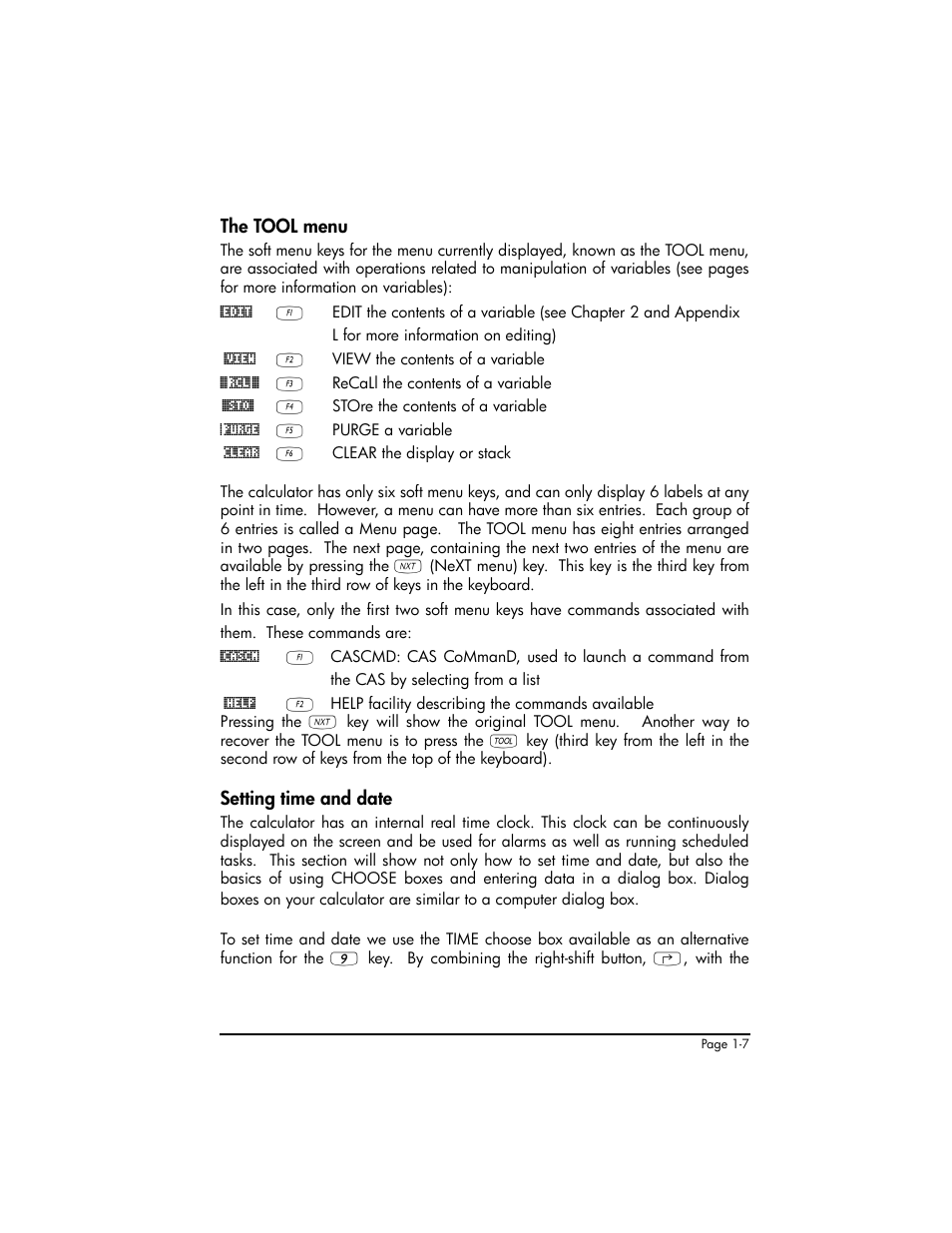 The tool menu, Setting time and date, The tool menu ,1-7 setting time and date ,1-7 | HP 50g Graphing Calculator User Manual | Page 36 / 887