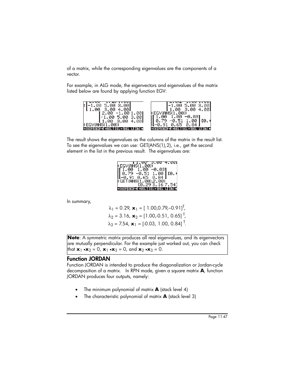 Function jordan, Function jordan ,11-47 | HP 50g Graphing Calculator User Manual | Page 374 / 887