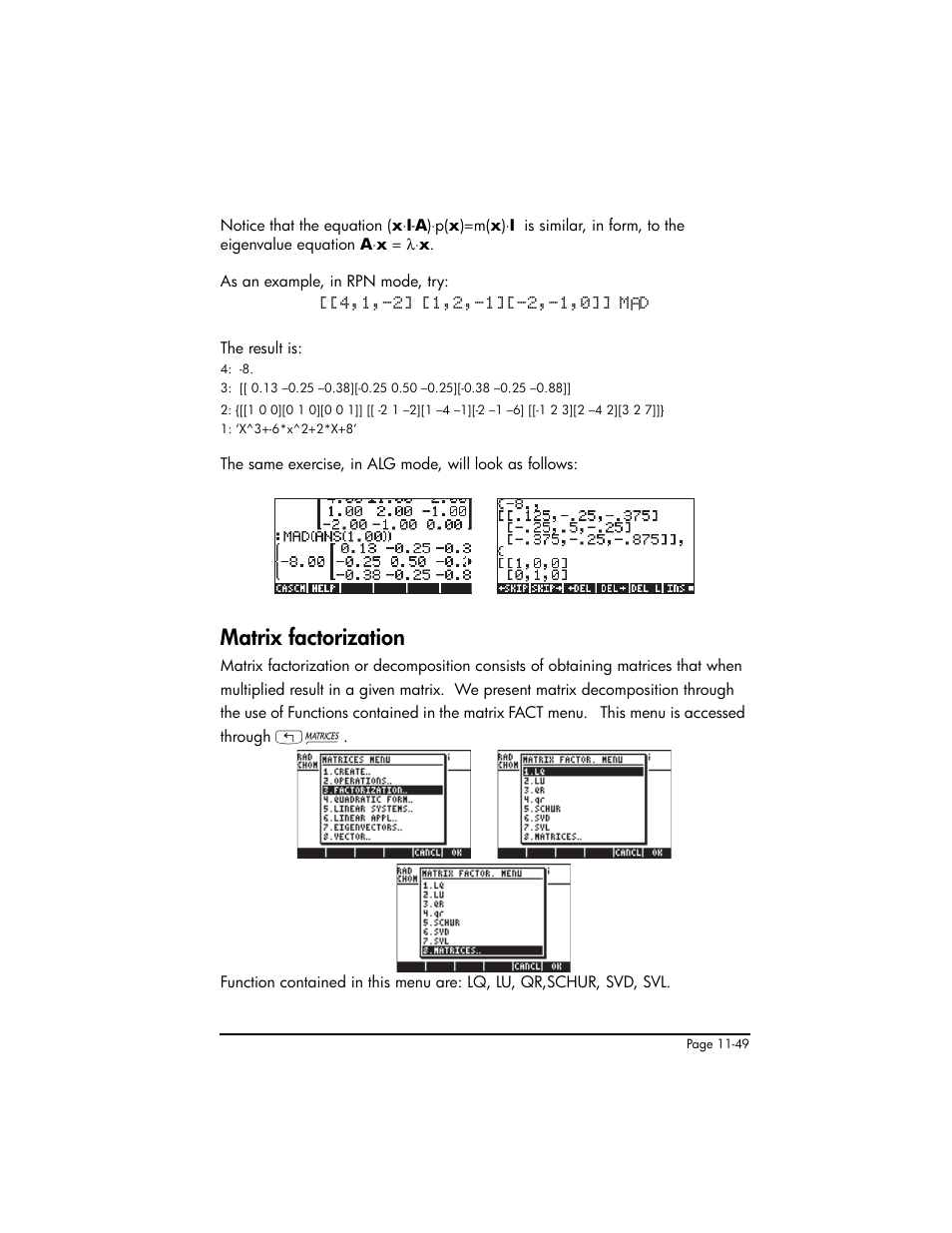 Matrix factorization, Matrix factorization ,11-49 | HP 50g Graphing Calculator User Manual | Page 376 / 887